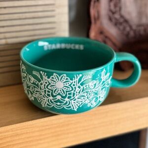 Starbucks Turquoise Mug with White Floral Pattern